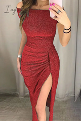 Ingvn - Fashion Elegant Solid Slit Sequined Off the Shoulder Wrapped Skirt Dresses