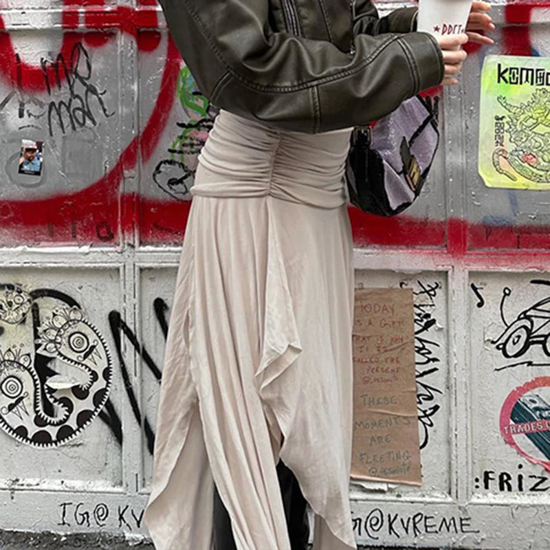 Folds Split Long Skirt Low Rise Loose A-line Midi Skirts For Women Casual y2k Fashion Ladies Holiday Outfits Harajuku 90s