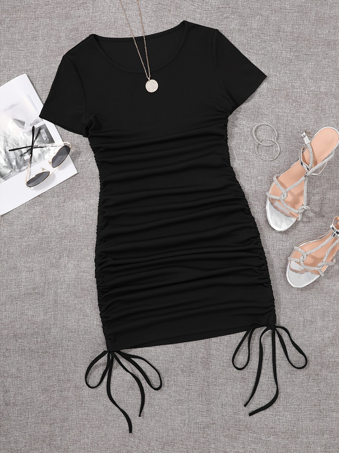 Womens Ruched Skinny Dress - Adjustable Drawstring Waist, Solid Color, Short Sleeve, Crew Neck, Chic and Versatile Casual Wear for Women