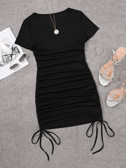 Womens Ruched Skinny Dress - Adjustable Drawstring Waist, Solid Color, Short Sleeve, Crew Neck, Chic and Versatile Casual Wear for Women