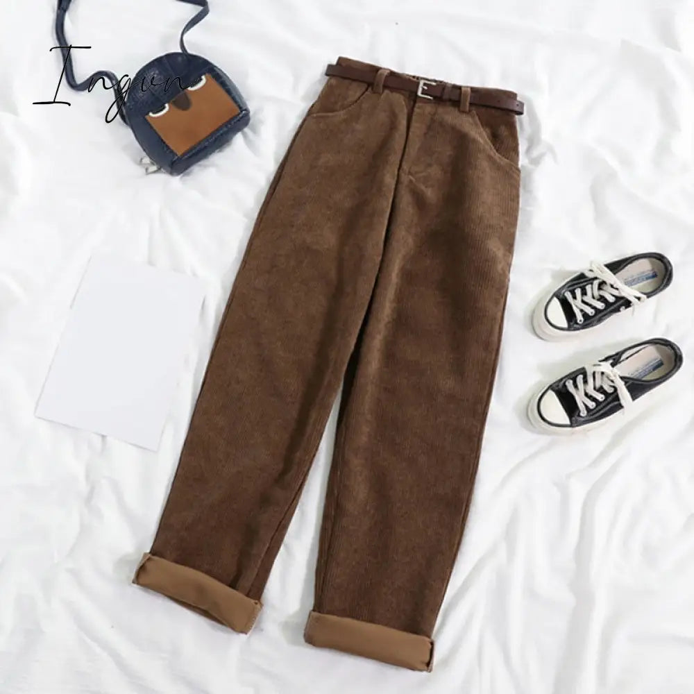 Ingvn - High Waist Wide Leg Corduroy Long Pants with Belt