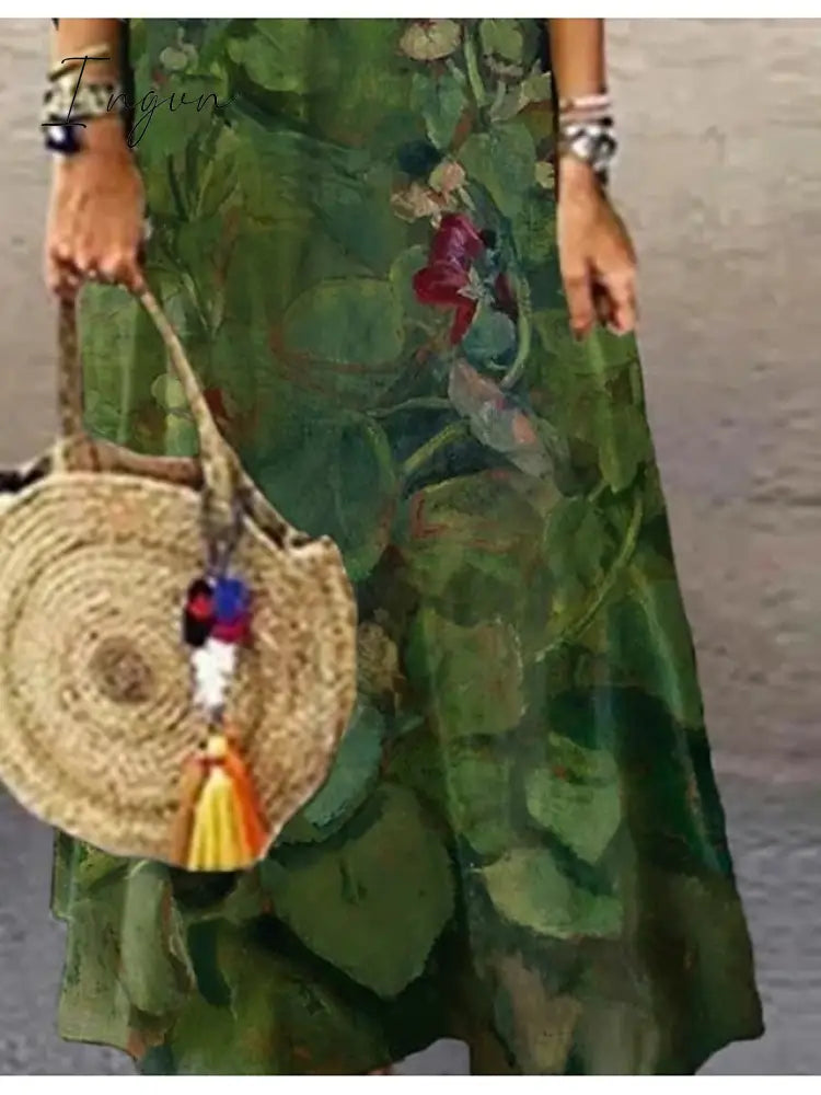 Ingvn - Women's Casual Dress Ethnic Dress Long Dress Maxi Dress Green 3/4 Length Sleeve Floral Print Summer Spring Fall V Neck Classic Vacation 2023 S M L XL XXL 3XL 4XL