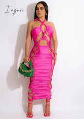 Ingvn - Sexy High Slit Lace Up Bodycon Dress for Women 2023 Summer Halter Cut Out Evening Club Party Long Dresses Robe Femme y2k Clothes