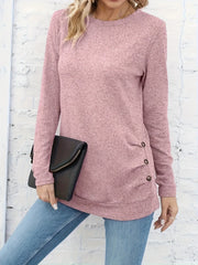 Elegant Button-Detail Ruched Long Sleeve T-Shirt for Women - Polyester, Machine Washable, Solid Color, Perfect for Fall