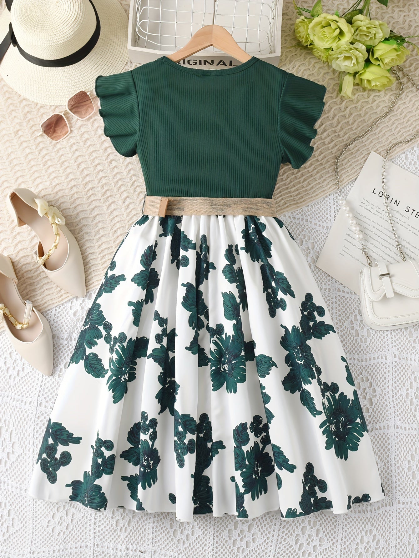 Girls Charming Floral Embroidered Dress - Soft Ribbed Flutter Sleeve - Perfect for Summer Casual Wear