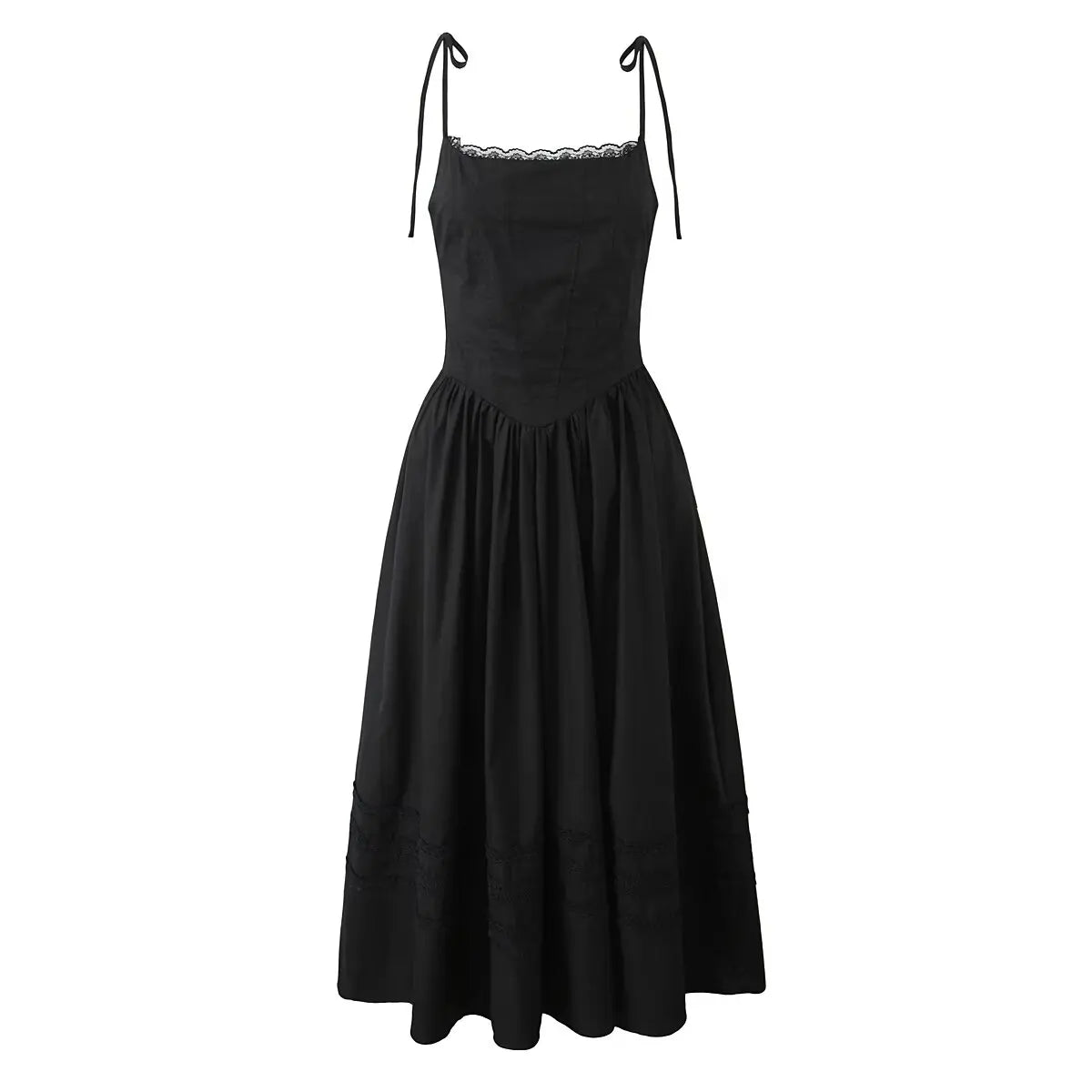 Elegant Women Lace Spliced Sexy Spaghetti Straps Dress Low Waist A-line Midi Long Summer Dresses Casual Party Robe Cotton