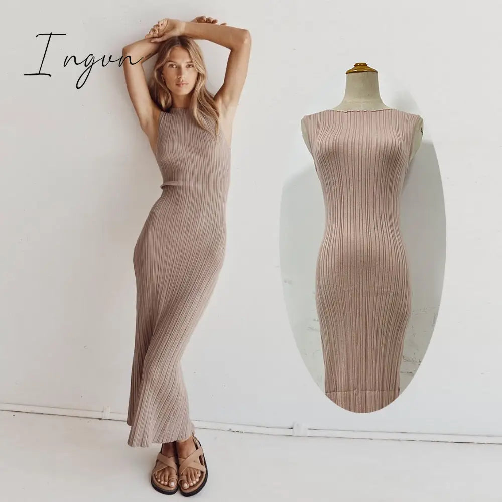 Ingvn - Green Knitted Dress for Women 2023 Summer Sexy O-Neck Sleeveless Split Elegant Maxi Dress Club Party Outfits Casual Long Dress