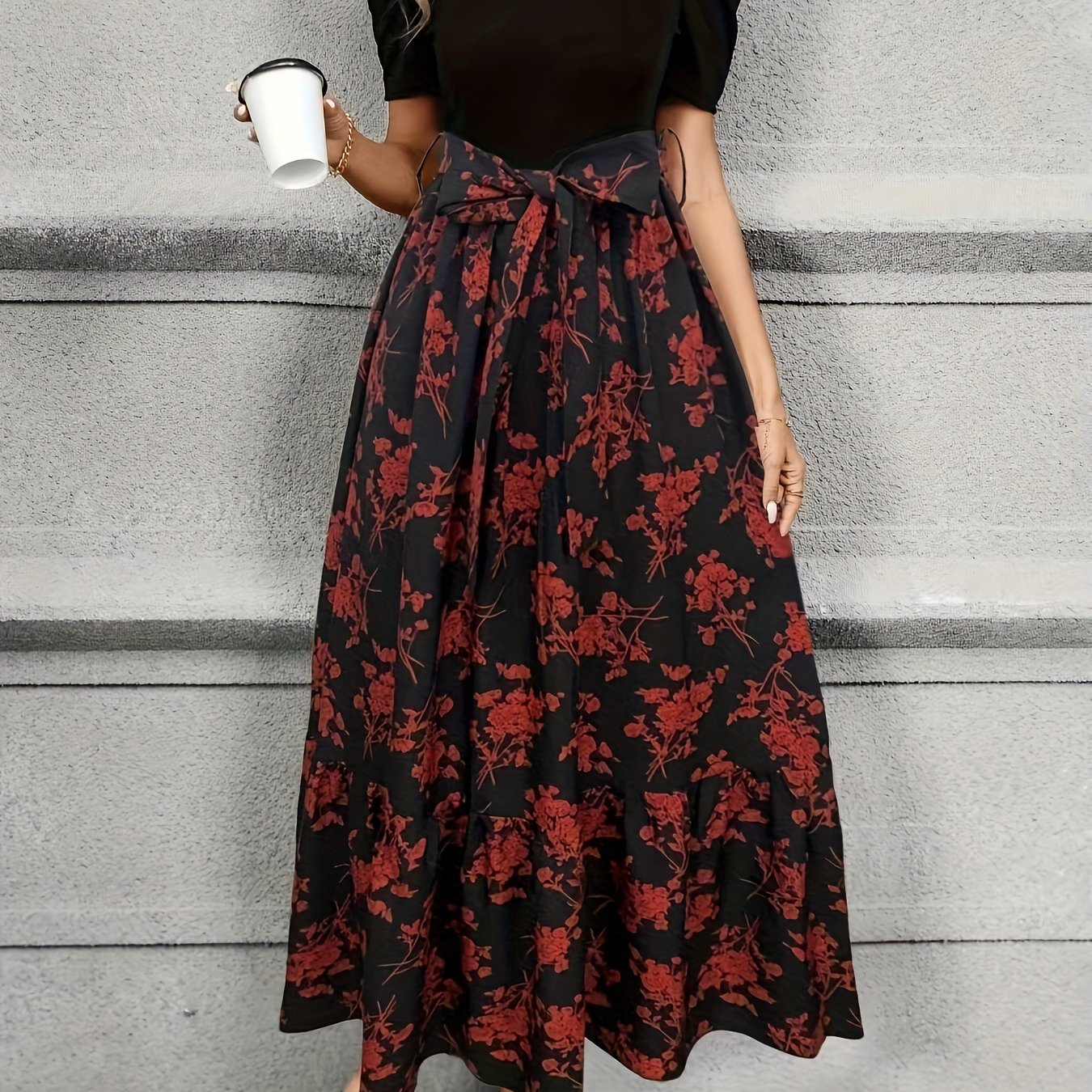Lace Up Floral Print Splicing Dress, Elegant Crew Neck Short Sleeve Dress For Spring & Summer, Women's Clothing
