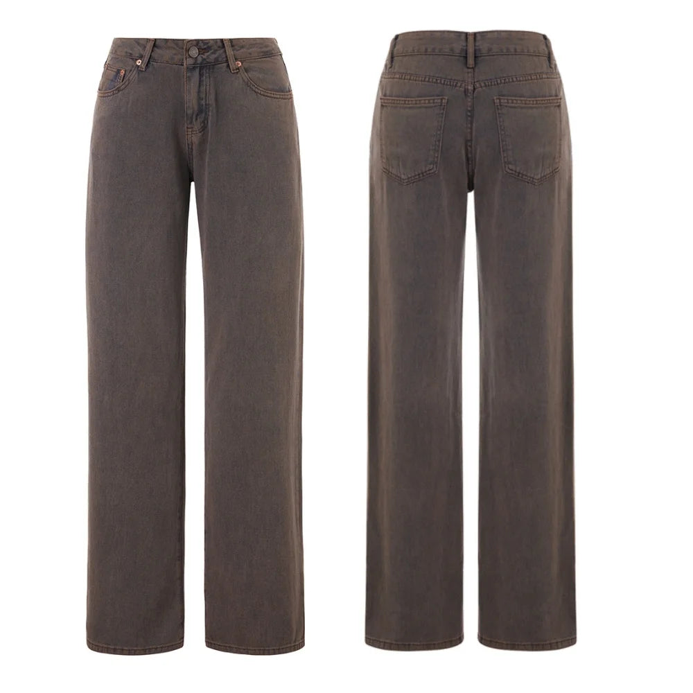 Women Jeans Low Waist Solid Color Wide Leg Straight Trousers with Pockets for Daily Streetwear Fashion Denim Pants