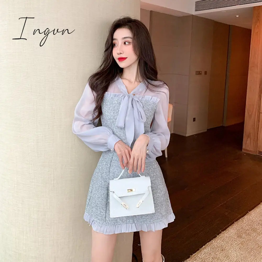 Ingvn - New Spring Vintage Sexy See-through Chiffon Patchwork Tweed Mini Dress Women Ribbon Bow Single-breasted Long Sleeve Party Dress