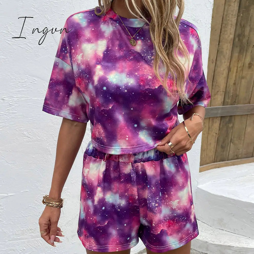 Ingvn - Tie Dye Round Neck Dropped Shoulder Half Sleeve Top and Shorts Set