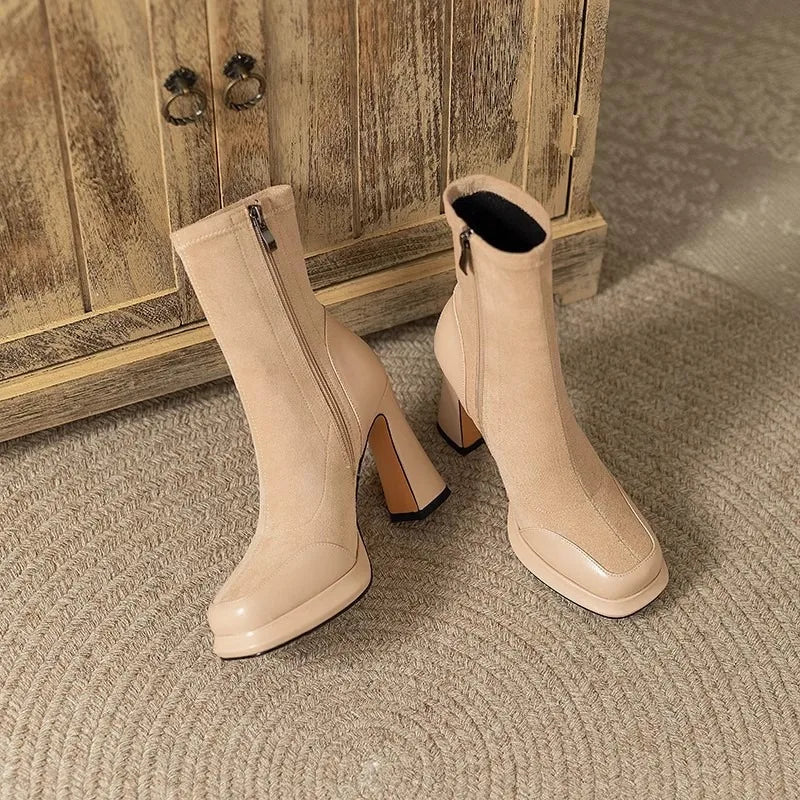 Chunky Heel Short Boots for Women Autumn Winter Splicing Waterproof Platform Skinny Boots Suede Temperament High-heeled Botines