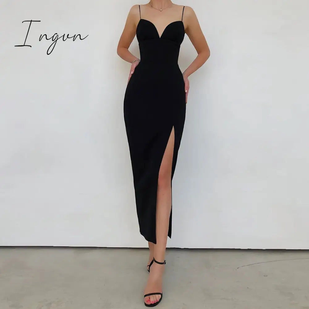 Ingvn - RO New Summer Women White Bodycon Bandage Sexy V Neck Spaghetti Strap Club Celebrity Evening Runway Party Long Dresses For Women