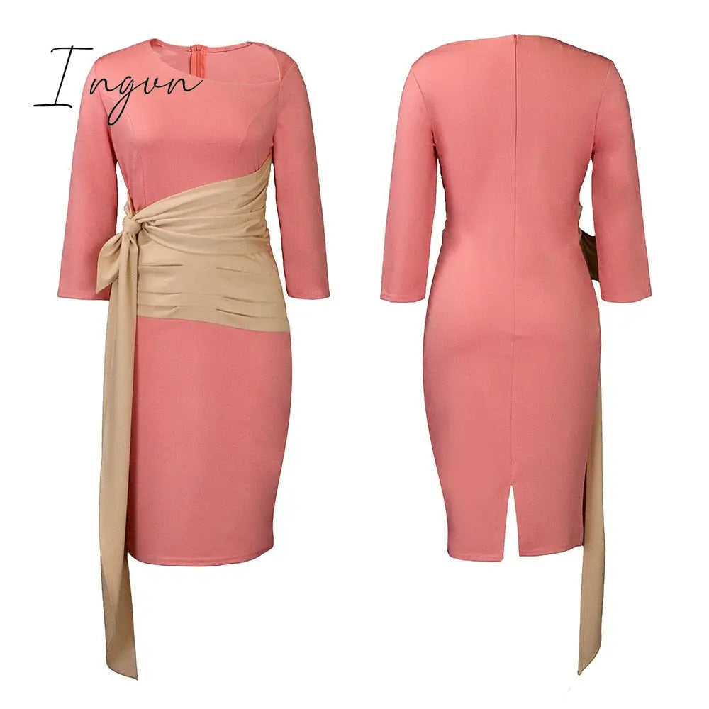 Ingvn - Autumn Fashion Elegant Colorblock Lace-Up Dress Women Office Ladies OL Colorblock Slim Dress Women