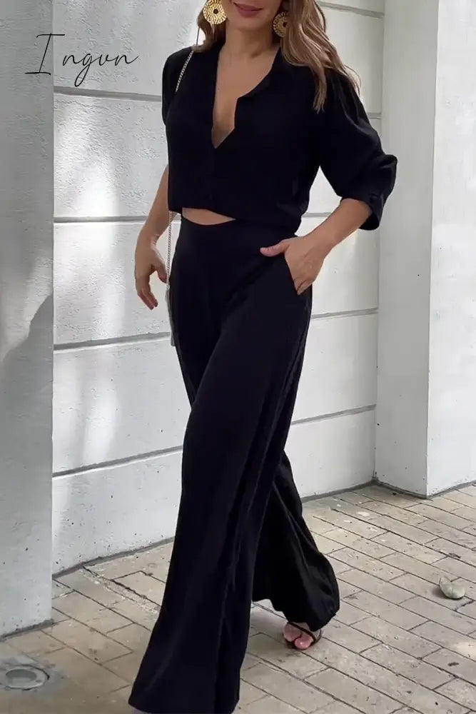 Ingvn - Casual Street Solid Pocket Turndown Collar Long Sleeve Two Pieces