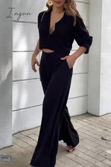 Ingvn - Casual Street Solid Pocket Turndown Collar Long Sleeve Two Pieces