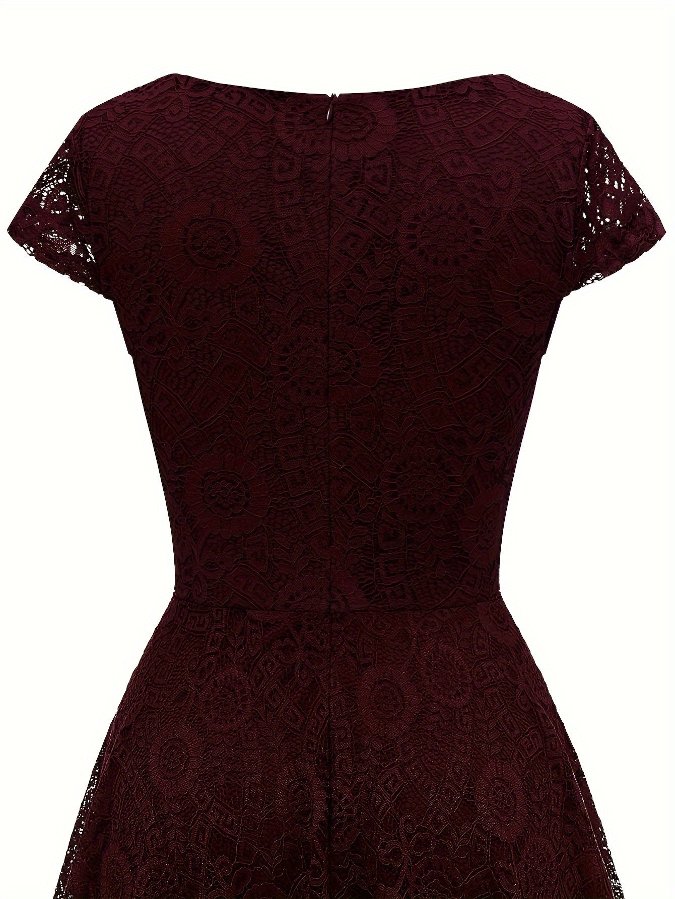 Solid Lace Asymmetrical Ruffle Hem Dress, Elegant Crew Neck Aline Dress For Wedding Party, Women's Clothing