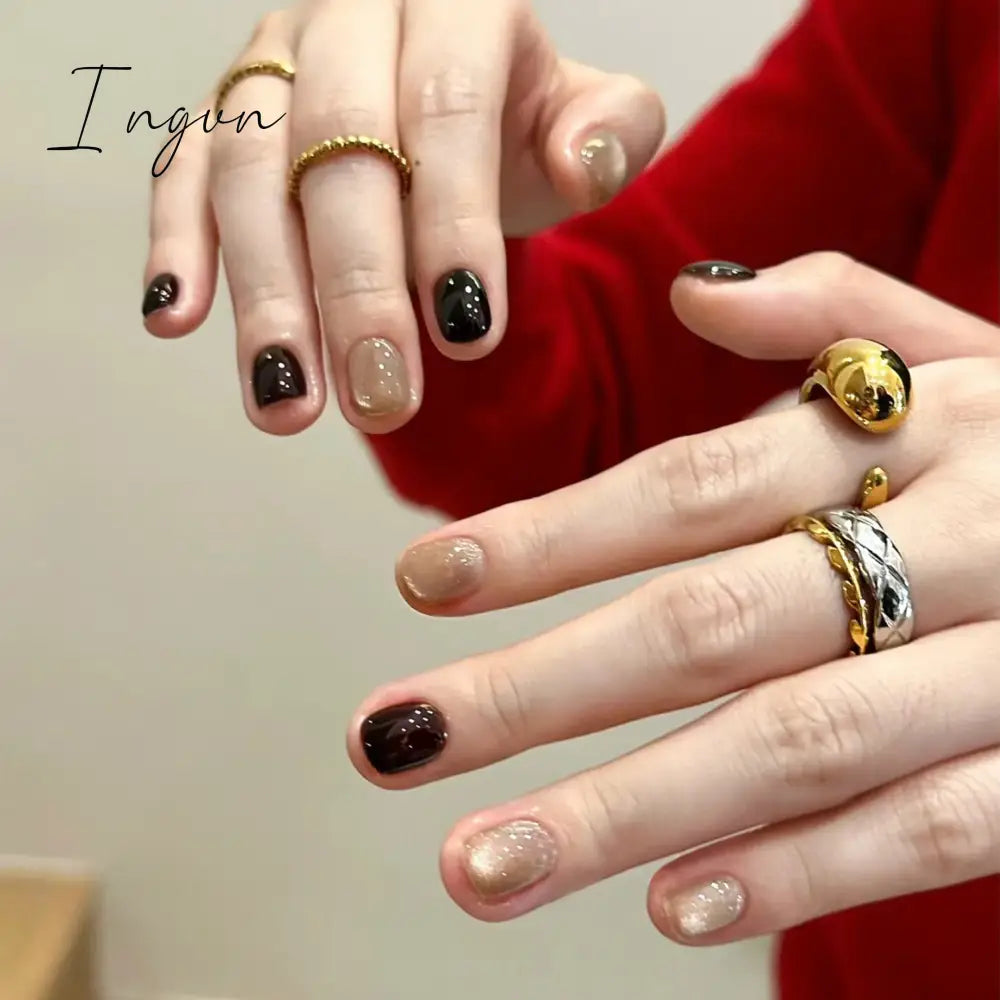 24pcs detachable cat eyes red wine false nails with glue full cover ballet square almond shiny acrylic press on fake nails tips