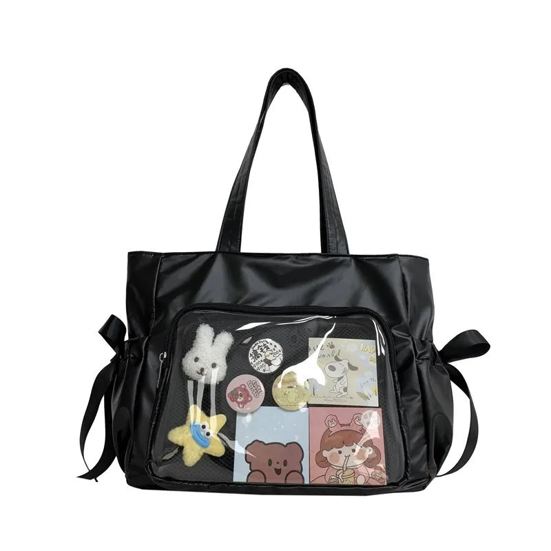 Ingvn  Sweet Ribbon Satin Bow Tote Bag Ballet Style Original Comic Handbag Beautiful Double Large Capacity Student Shoulder Bag