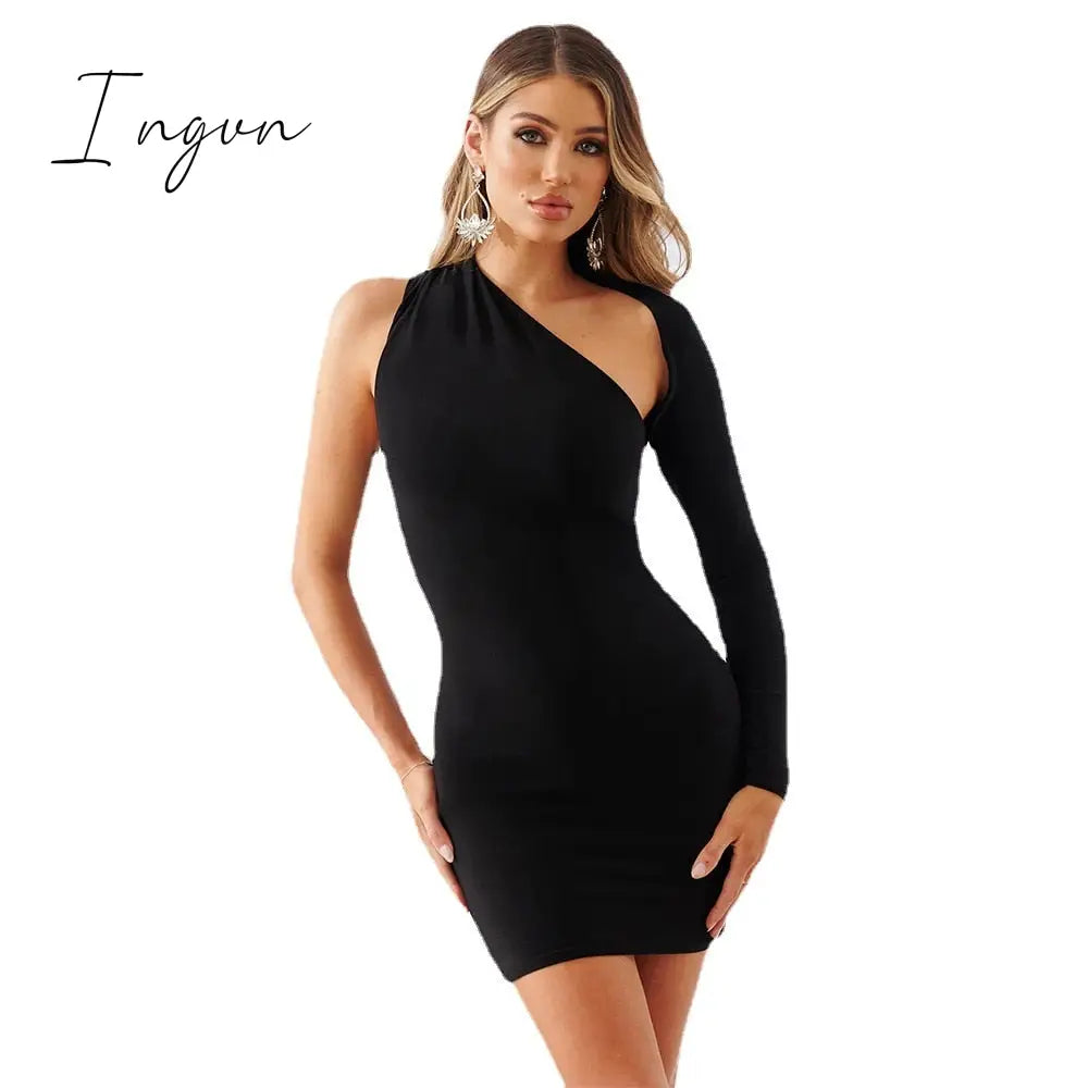 Ingvn - Long Sleeve Sexy Cut Out Dresses for Women Party Elegant Evening One Shoulder Bodycon Short Dress Club Outfits Autumn Black