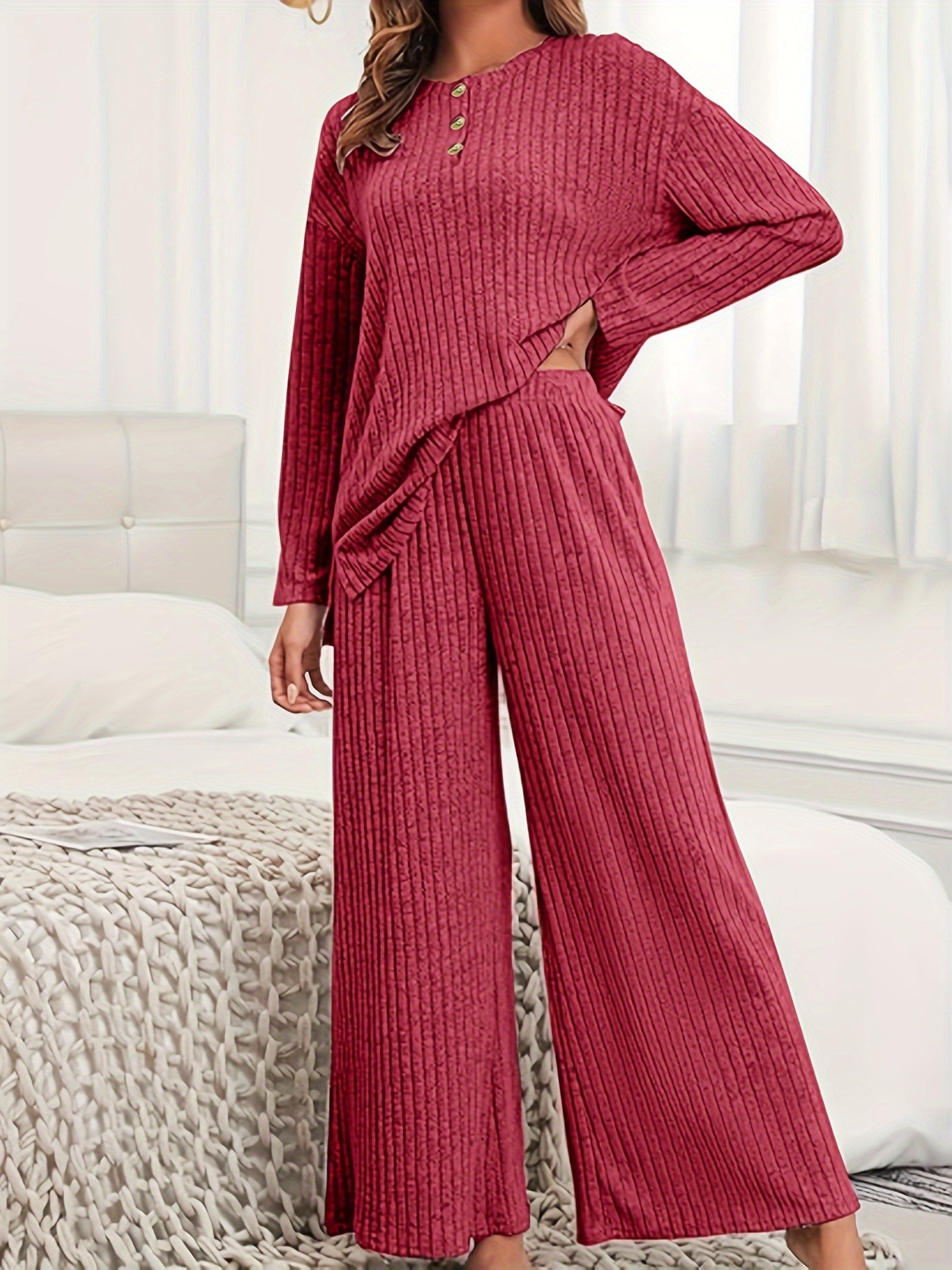 Plus Size Two-Piece Ribbed Crew Neck Outfit Set - Soft Medium Stretch Polyester Knit Fabric, Wide Leg Pants, Long Sleeve Top, Solid Color, No Printing, Casual Style - Womens Comfortable Plus Size Clothing