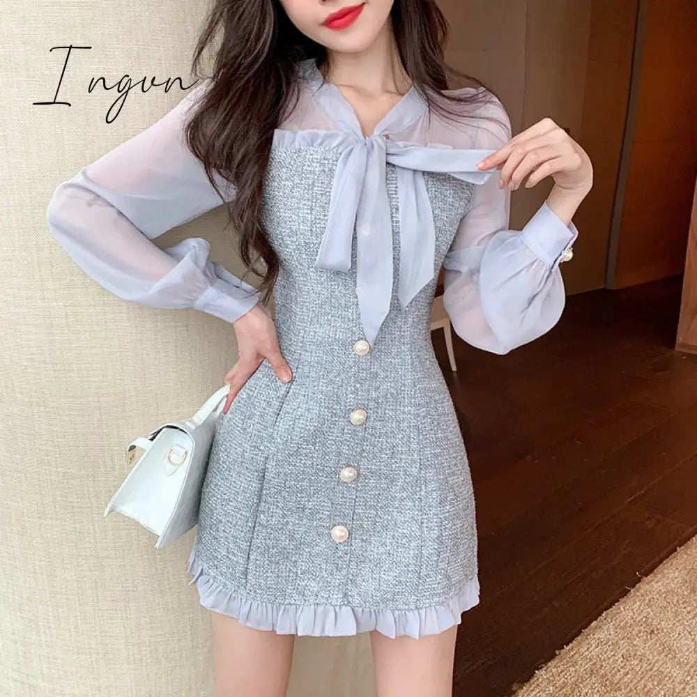 Ingvn - New Spring Vintage Sexy See-through Chiffon Patchwork Tweed Mini Dress Women Ribbon Bow Single-breasted Long Sleeve Party Dress