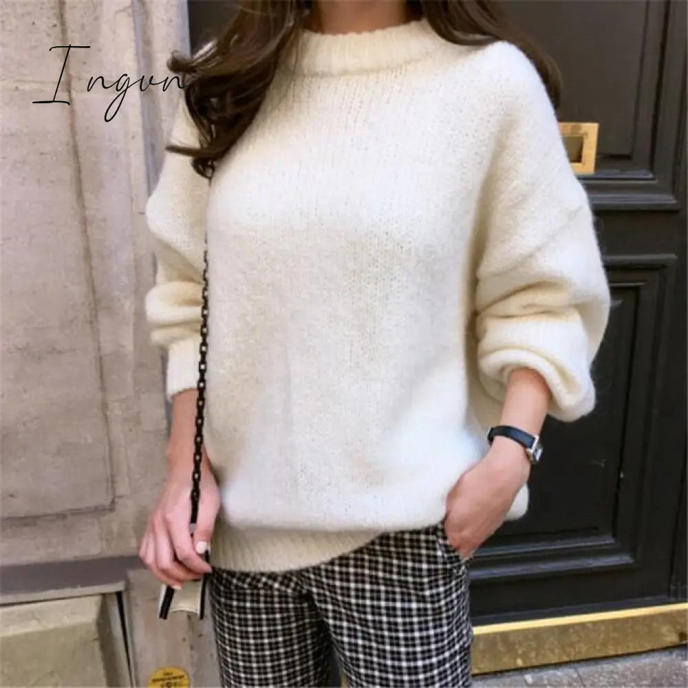 Ingvn - Sweater Women Autumn Winter Solid O Neck Pullover Sweaters Korean Style Knitted Long Sleeve Jumpers Casual Tops