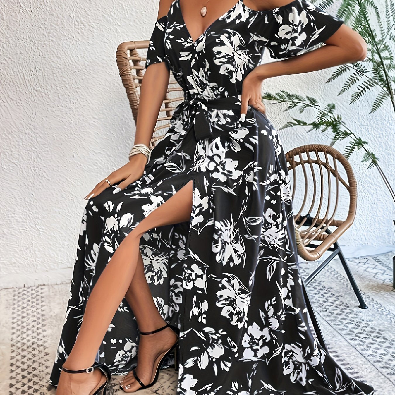 Vibrant Floral Print A-Line Dress - Cold Shoulder, Belted, Split Sleeveless, Elegant, Comfortable, Spring & Summer Essential - Women's Clothing, Perfect for Outdoor Activities