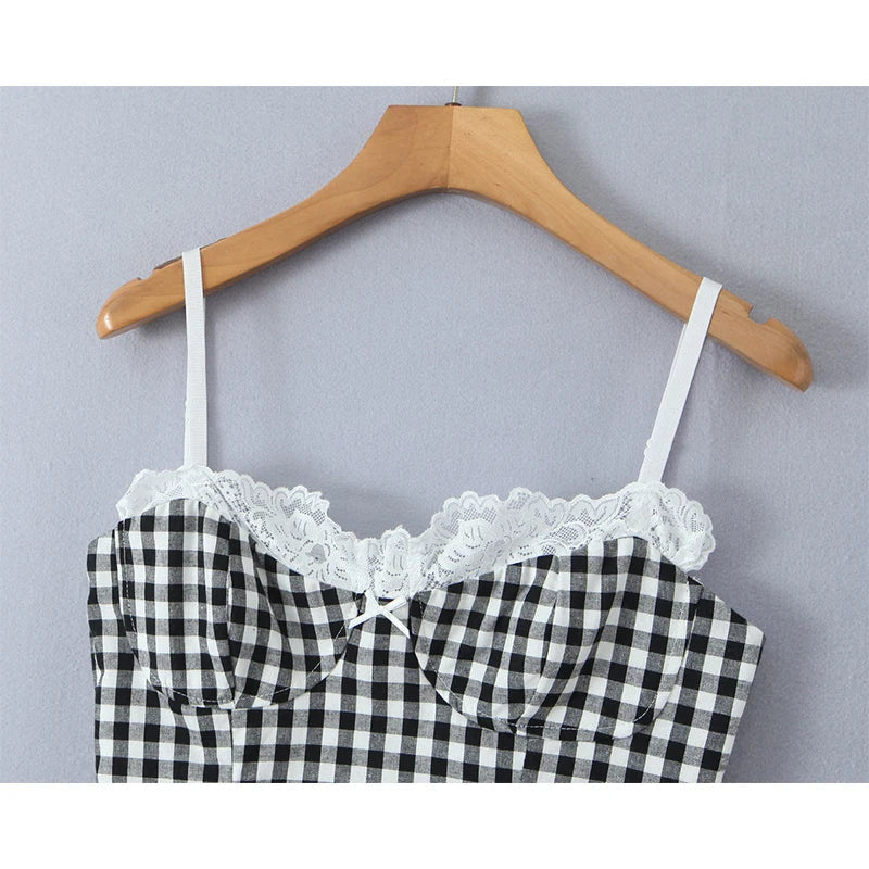 High Street Women Lace Patchwork Plaid Camis Sexy Sleeveless Slim Fit Crop Top Summer Chic Lady Party Tops