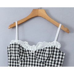 High Street Women Lace Patchwork Plaid Camis Sexy Sleeveless Slim Fit Crop Top Summer Chic Lady Party Tops