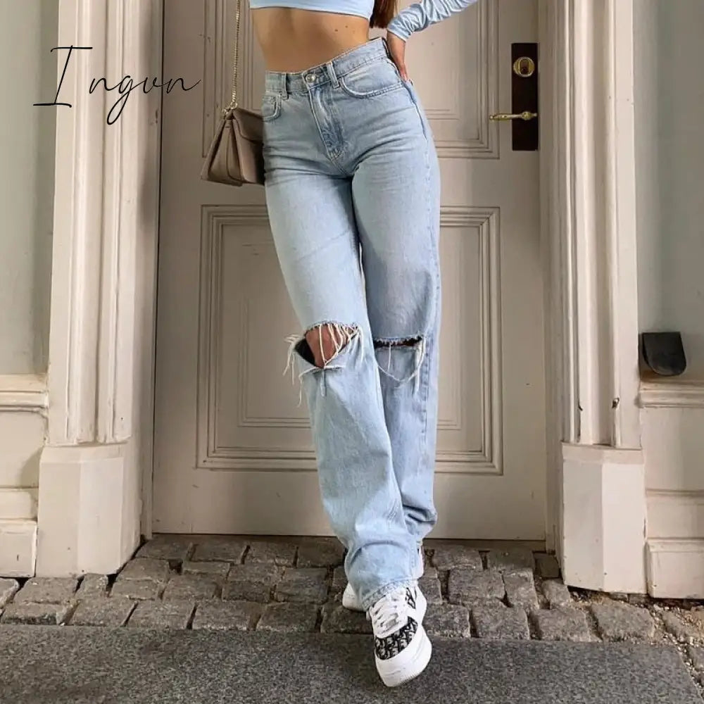 Ingvn - Womens Loose Fit Jeans Ripped Wide Leg For Women High Waist Blue Wash Casual Cotton Denim Trousers Summer Baggy Jean Pants