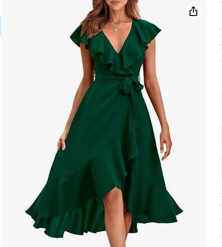 new V-neck short sleeve ruffled long temperament lace-up dress