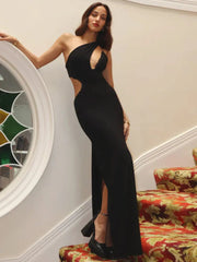 Skew Collar Backless Sexy Mini Dress For Women Gown Black Hollow Out Off-shoulder Sleeveless Bodycon Club Long Dress