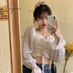 Ingvn - Floral Youth Elegant Blouse Women Crop Top Pretty Blouses Chic Fashion Blouse Shirt For Party Puff sleeve