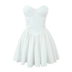 Summer White Mini Strapless Dress Sexy Elegant Fit and Flare Birthday Party Dresses Low Waist Cotton Women's Clothing