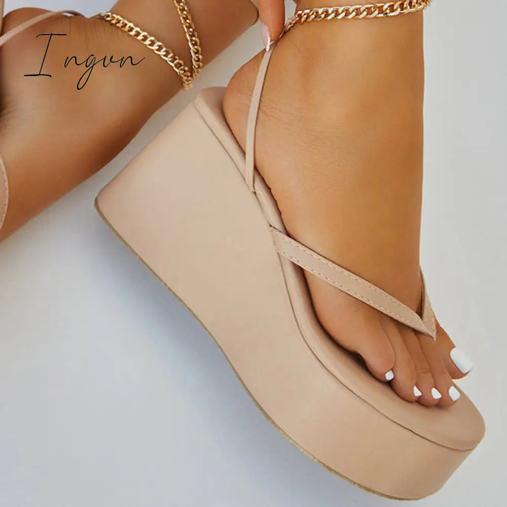 Ingvn - Ankle Chain Lace-Up Thong Entry Wedge Platform Sandals