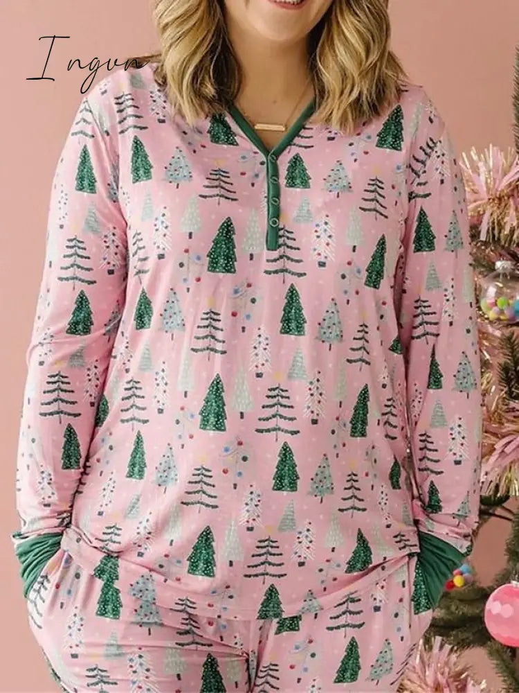 Ingvn - Women's Pajamas Sets Trees Fashion Casual Comfort Christmas Cotton Breathable V Wire Long Sleeve Shirt Pant Button Fall Winter Pink Green