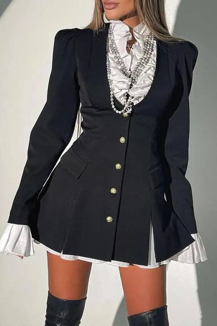 Elegant Blazer Dress Autumn Women Single Breasted Patchwork 2 Piece Set A Line Party Ol Shirt Dress