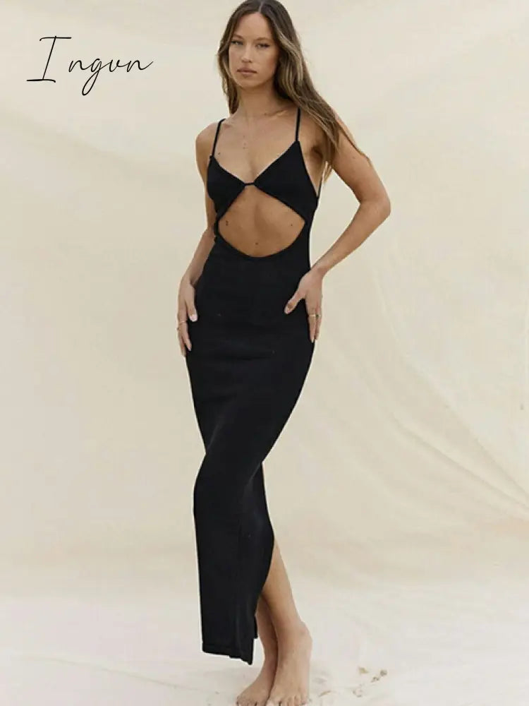 Ingvn - Spring Outfits 2023 Trends Summer Y2K Knit Spaghetti Strap Hollow Out Midi Dress Women Sexy V Neck Backless Sleeveless Bodycon Dresses Beach