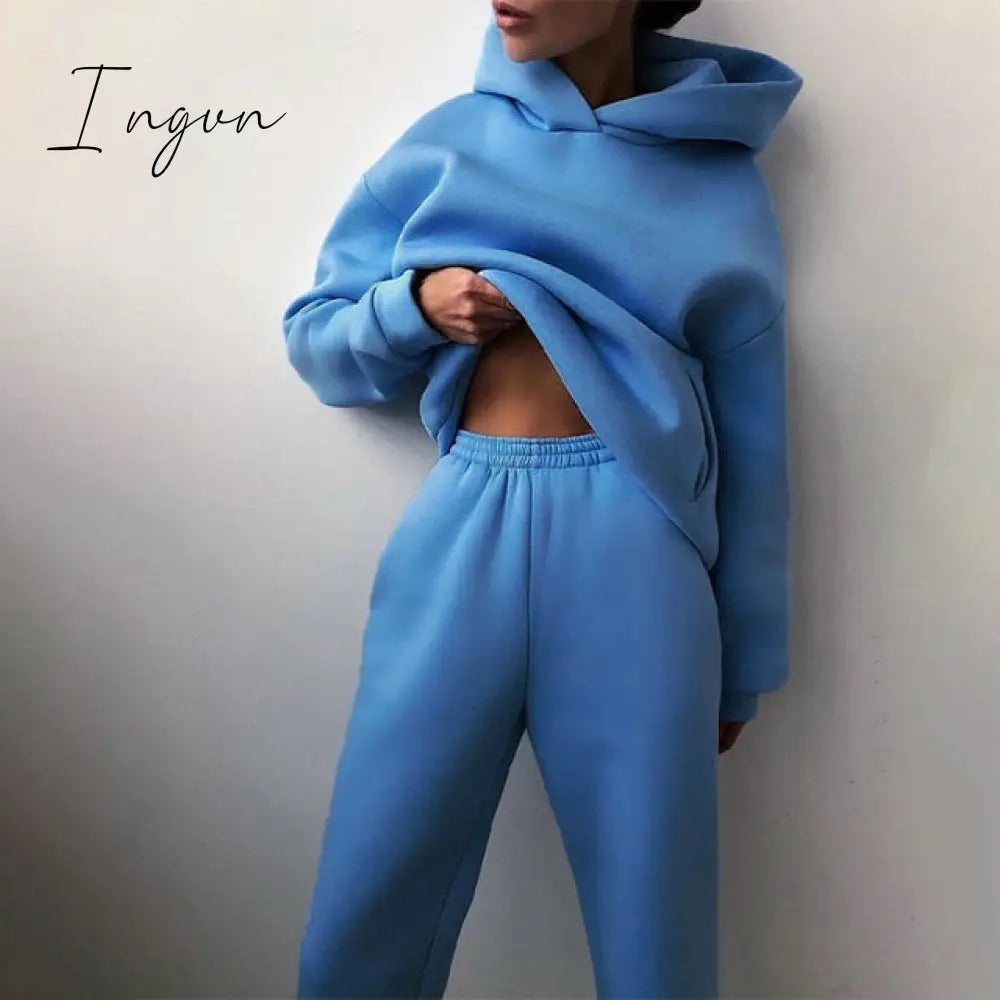 Ingvn - Women Elegant Solid Sets For Women Warm Hoodie Sweatshirts And Long Pant Fashion Two Piece Sets Ladies Lace Up Sweatshirt Suits