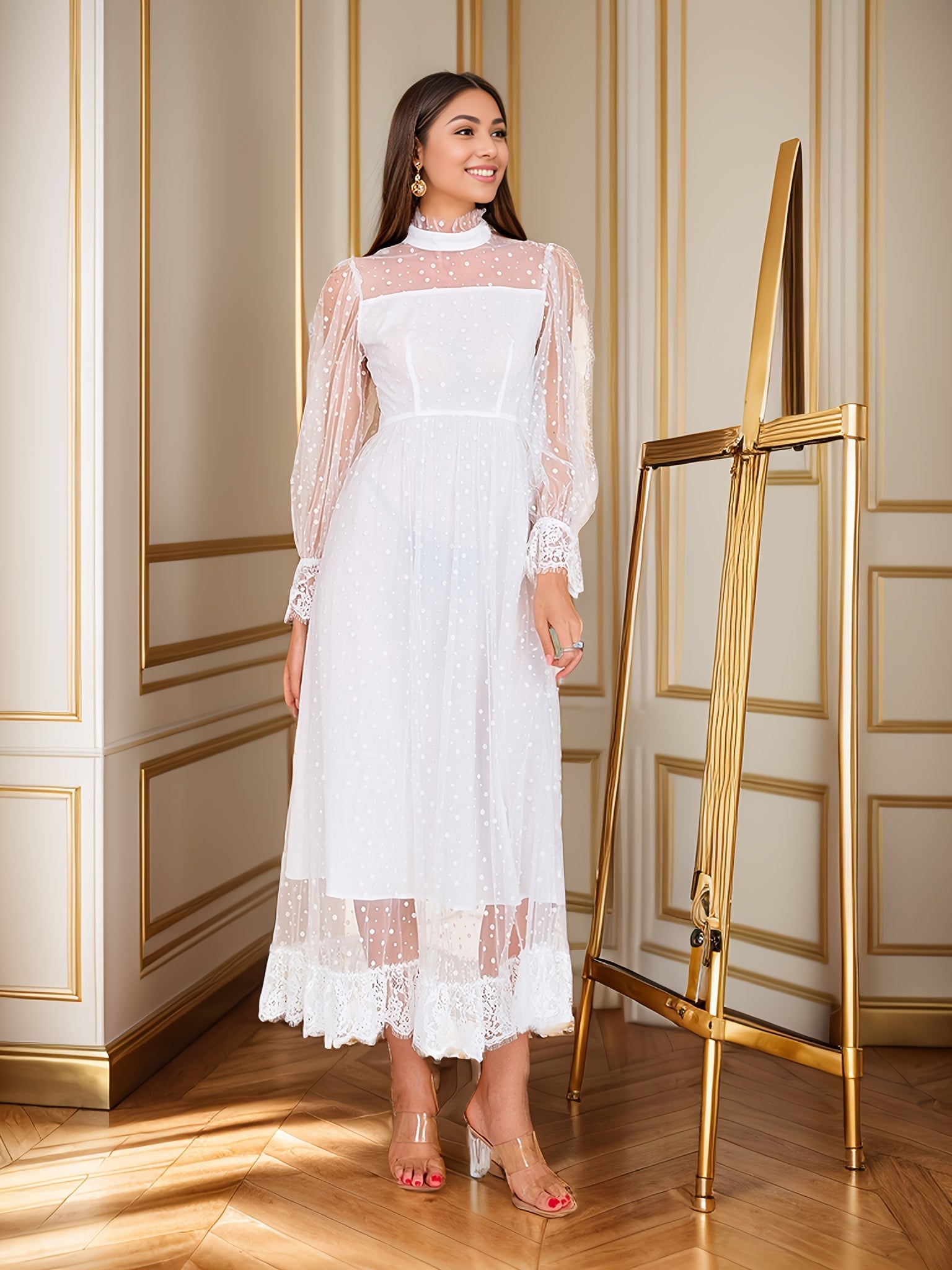 Contrast Lace Mock Neck Overlay Dress, Elegant Long Sleeve Sheer Midi Dress For Wedding Party, Women's Clothing