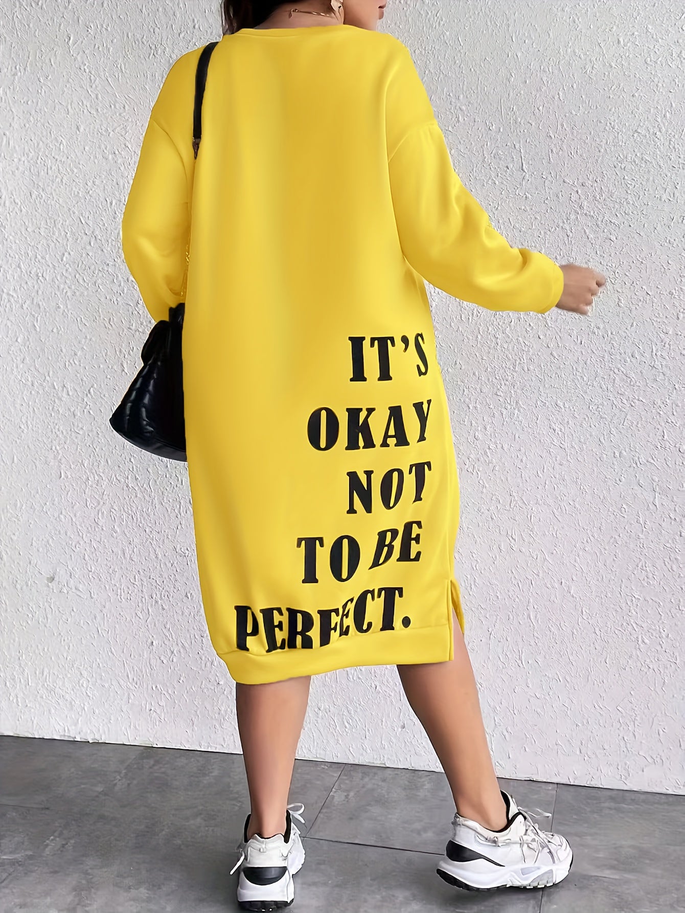 Midi Plus Size Casual Slogan Print Long Sleeve Round Neck Trapeze Sweatshirt Dress - Soft Medium Stretch Polyester Fabric, Loose Fit, Pullover Style, Machine Washable - Weekend Casual Wear for Fall Season