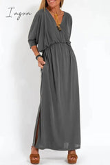 Ingvn - Casual Simplicity Solid Pocket Slit V Neck A Line Dresses