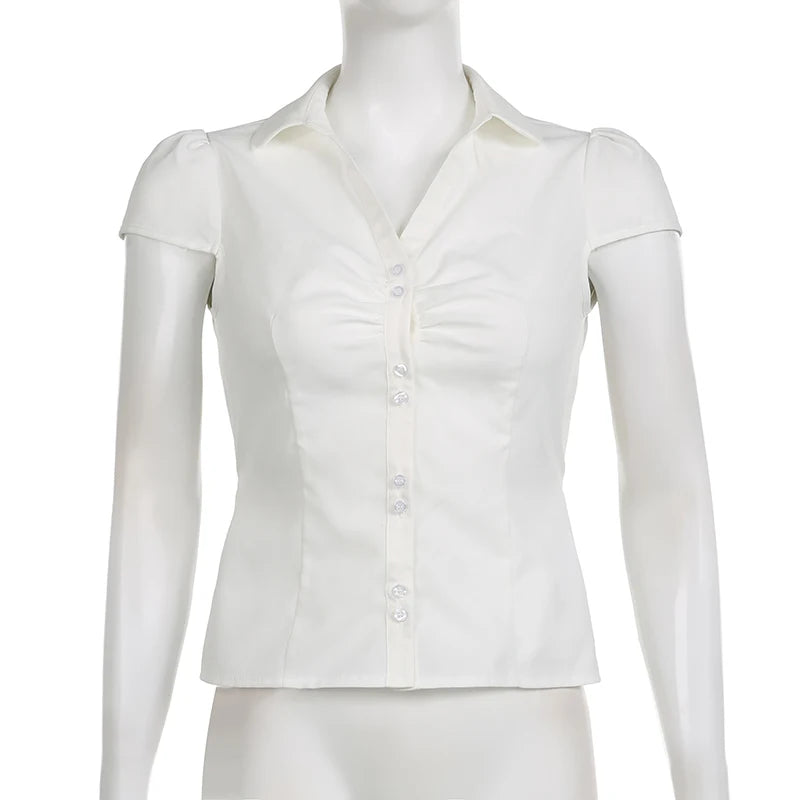 Vintage Folds Crop Top White Button Up Short Sleeve Blouse Women Bandage Korean Fashion T-shirt Casual Streetwear y2k Tee