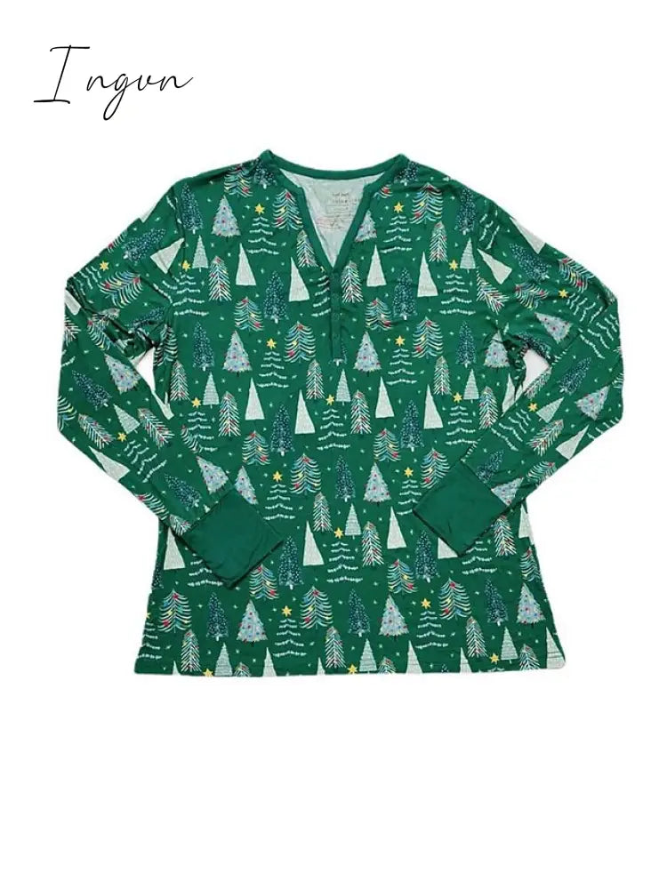 Ingvn - Women's Pajamas Sets Trees Fashion Casual Comfort Christmas Cotton Breathable V Wire Long Sleeve Shirt Pant Button Fall Winter Pink Green