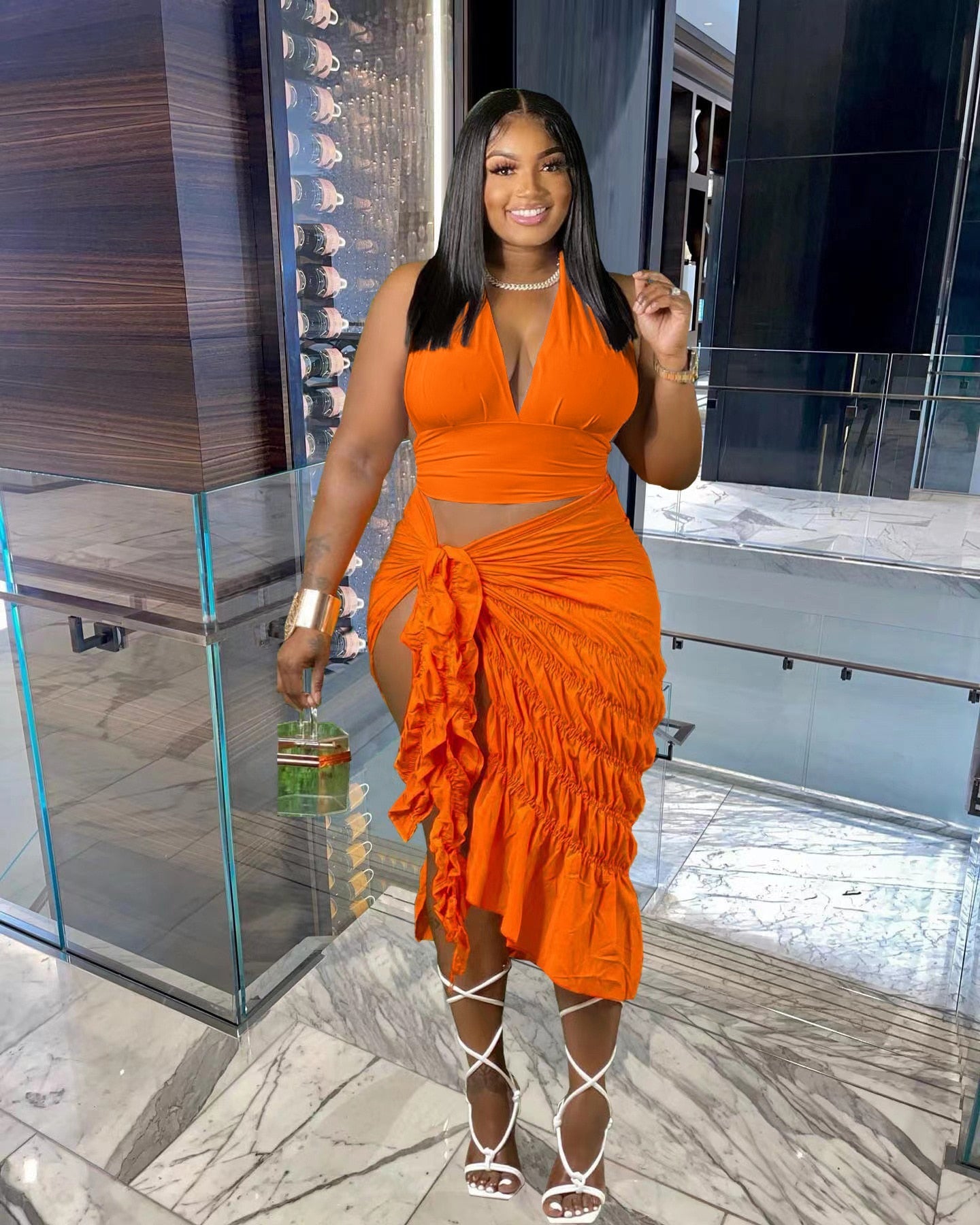 Summer Beach Style Two Piece Set Women Fashion Sexy Printed Off The Shoulder Tube Top Fold Lace-up Slit Skirt 2 Piece Suit Women