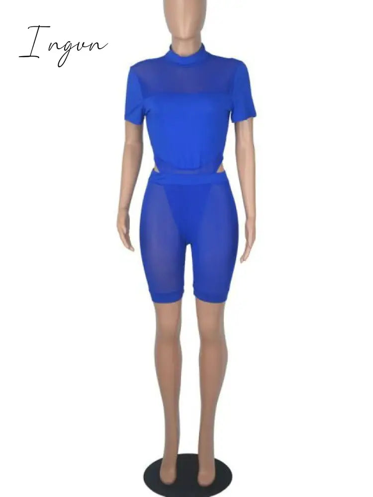 Ingvn - Sexy Mesh Sheer Spliced Two Piece Set Tracksuit Women Bodysuit Pants Summer Clothes Vacation Club Outfits Matching Sets