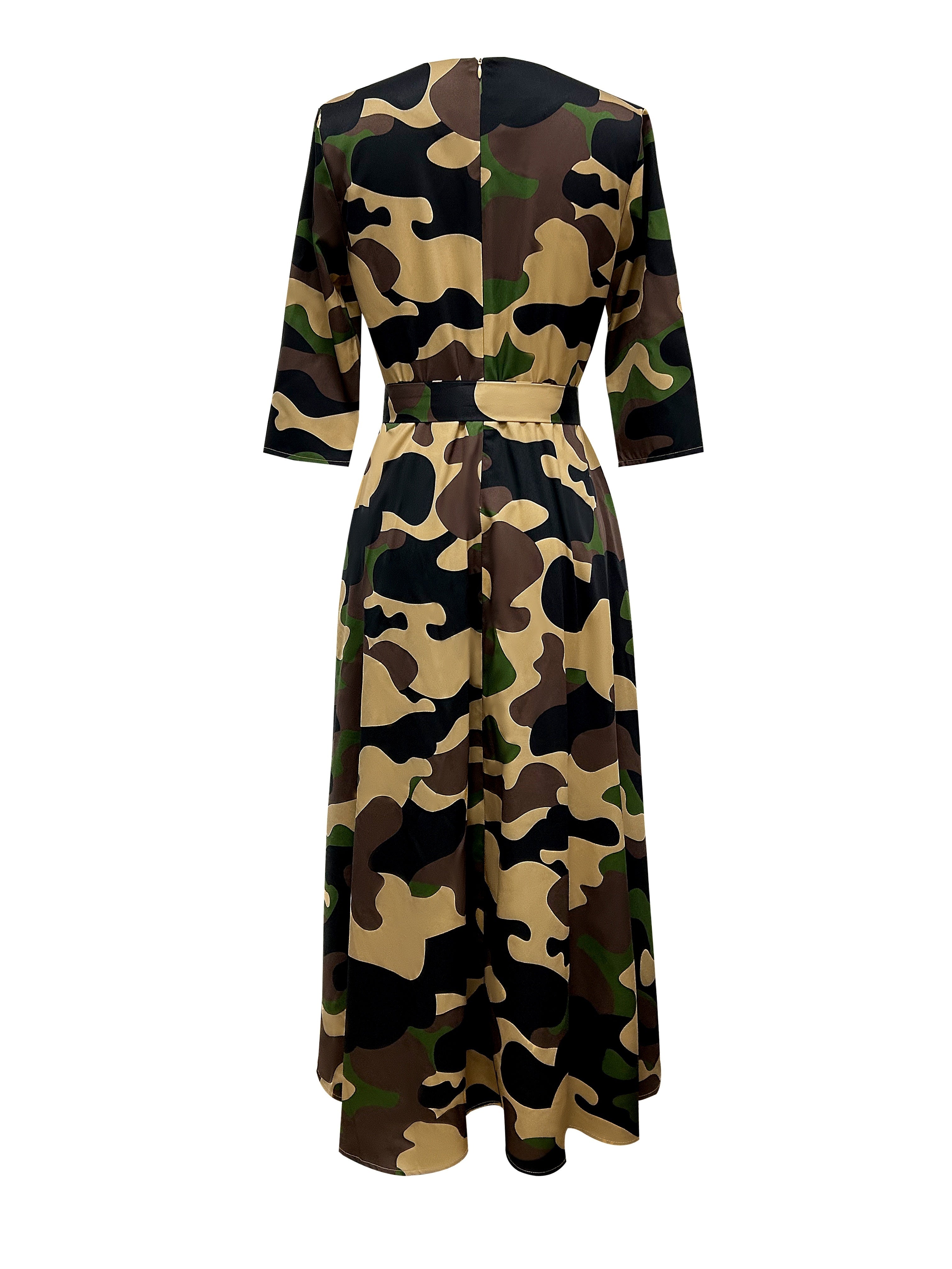 Stylish Geo Print Crew Neck Belted Dress - Elegant Half Sleeve Women's Dresses for Work, Formal Occasions, and Daily Wear - Soft, Comfortable, and Flattering Fit