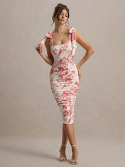 Floral Print Backless Sexy Maxi Dress For Women Gown Spaghetti Strap Square Collar Ruched Bodycon Club Party Dress