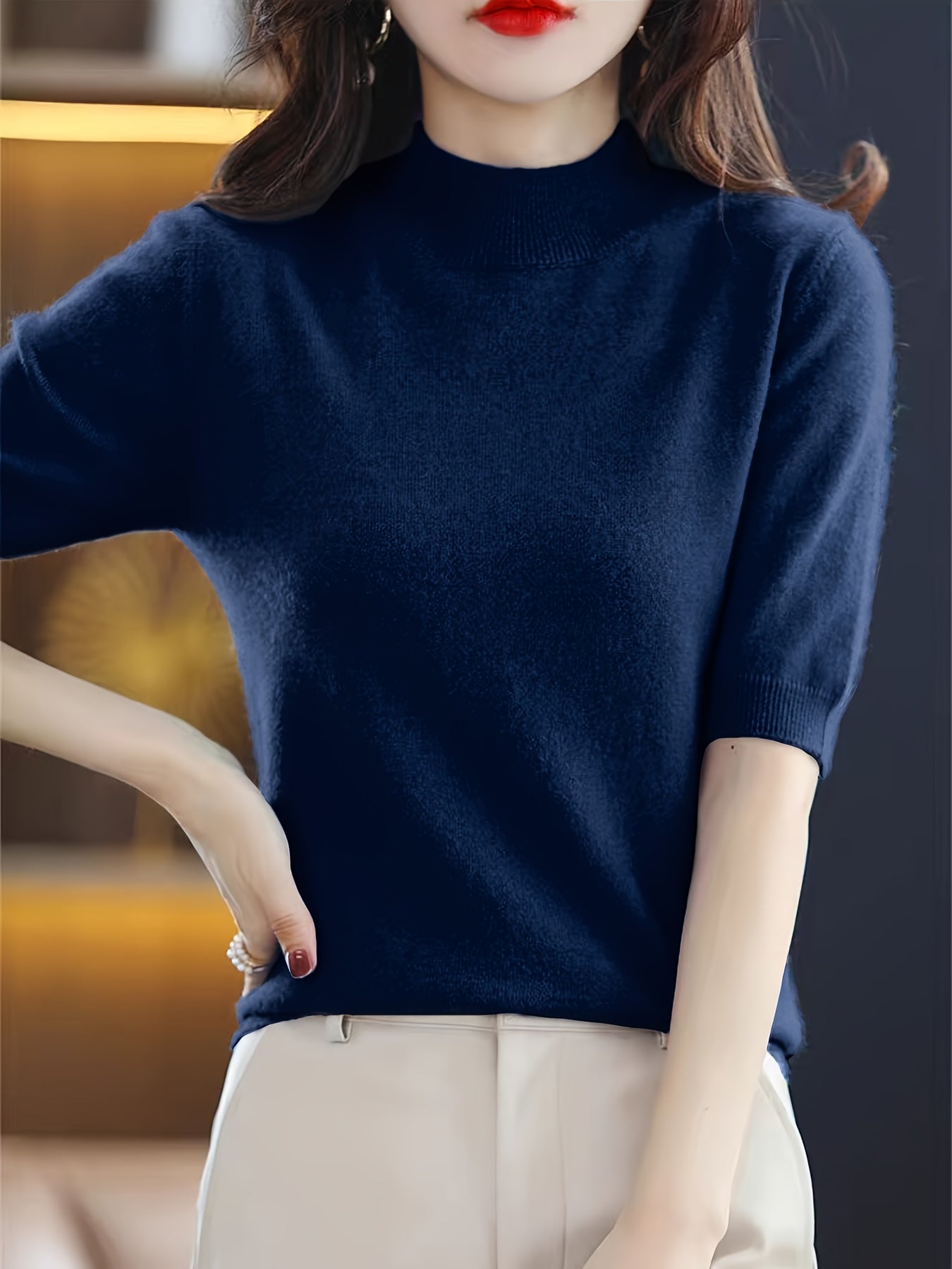 Premium Soft Knit Womens Sweater - Chic Mock Neck, Short Sleeve Pullover - Stylish & Elegant Wardrobe Staple